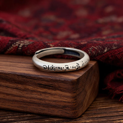 S925 Silver Six-Syllable Mantra Adjustable Ring proportional wearing view