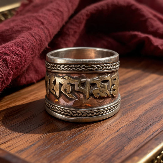 Six-Syllable Mantra Three-Metal Wide Ring front hero view