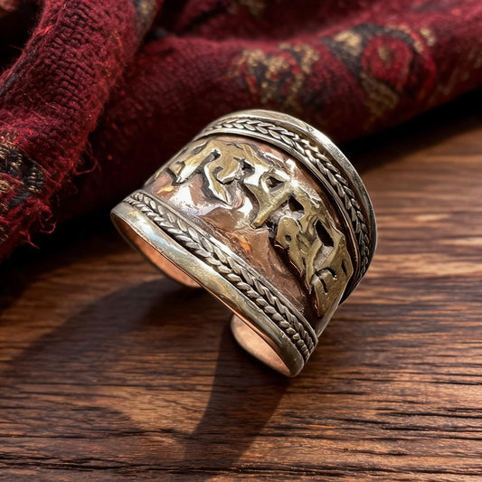 Six-Syllable Mantra Three-Metal Wide Ring three-quarter view