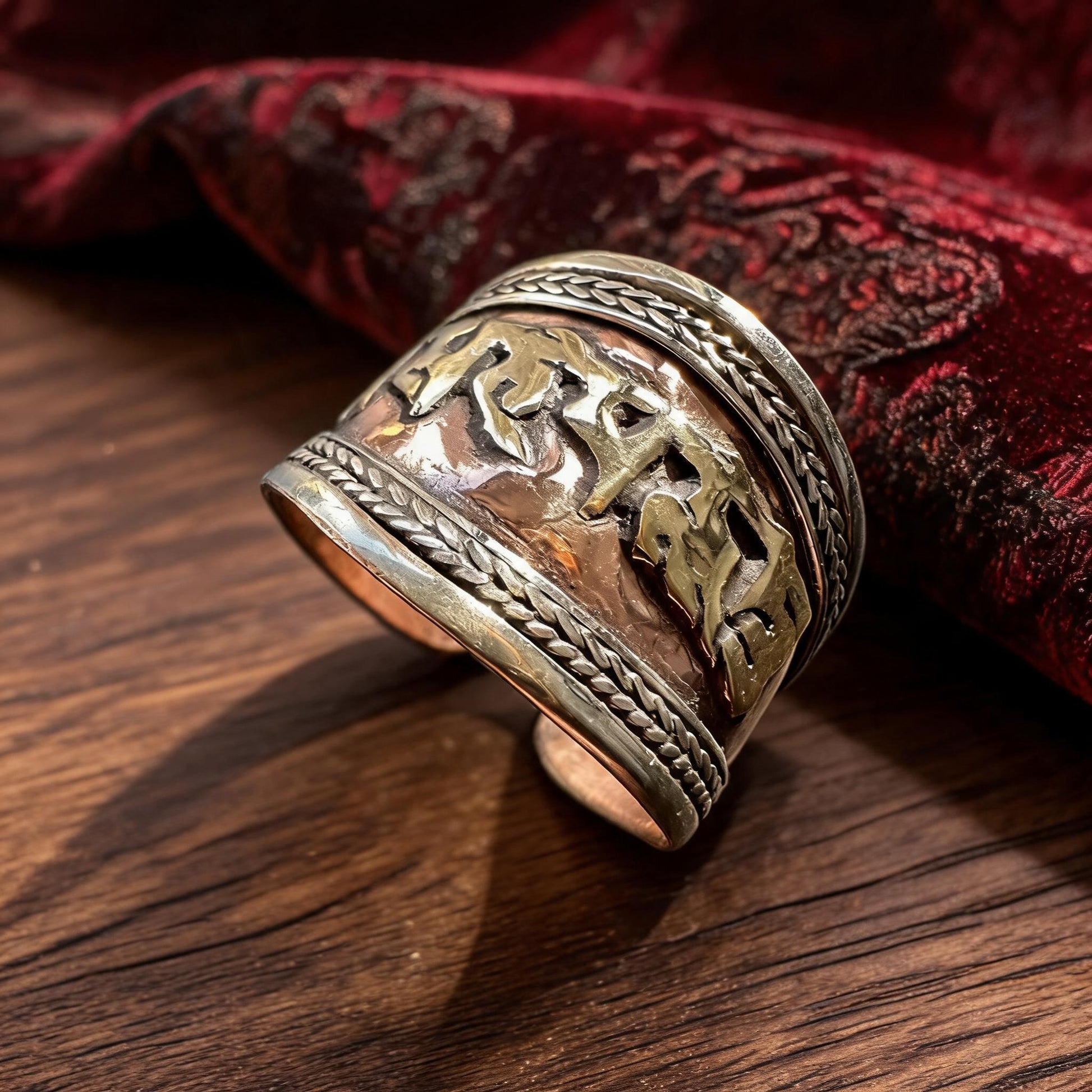Six-Syllable Mantra Three-Metal Wide Ring proportional wearing view