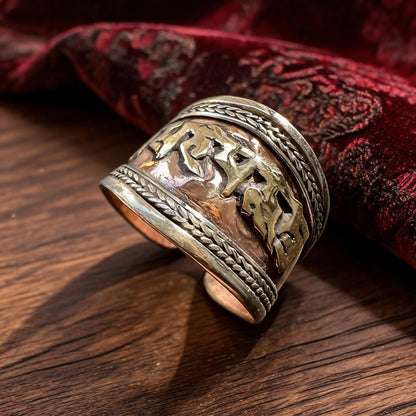 Six-Syllable Mantra Three-Metal Wide Ring proportional wearing view