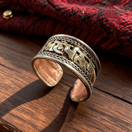 Six-Syllable Mantra Three-Metal Open Ring three-quarter view