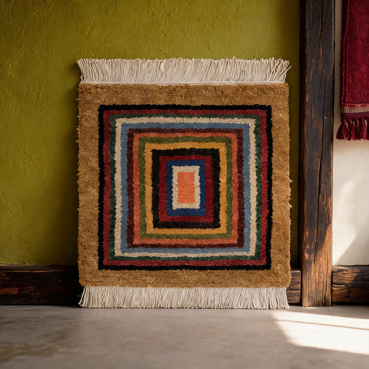 Handwoven Geometric Tibetan Wool Seat Rug front hero view