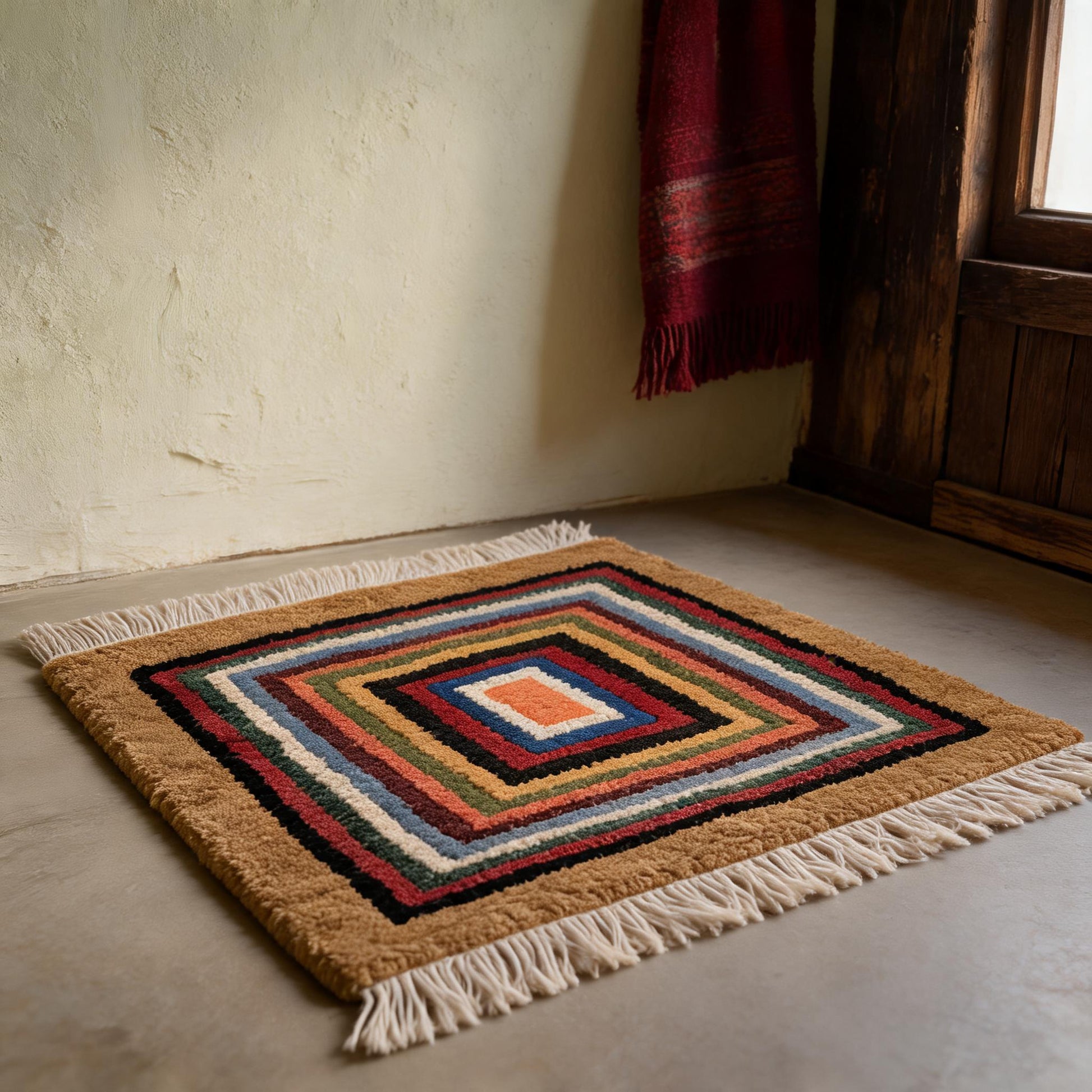 Handwoven Geometric Tibetan Wool Seat Rug three-quarter view