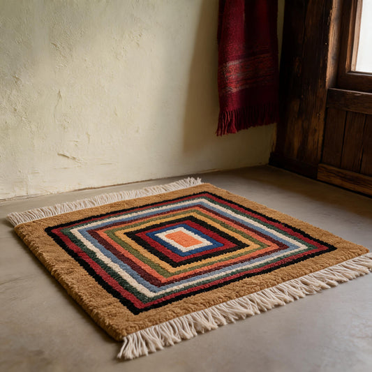 Handwoven Geometric Tibetan Wool Seat Rug three-quarter view