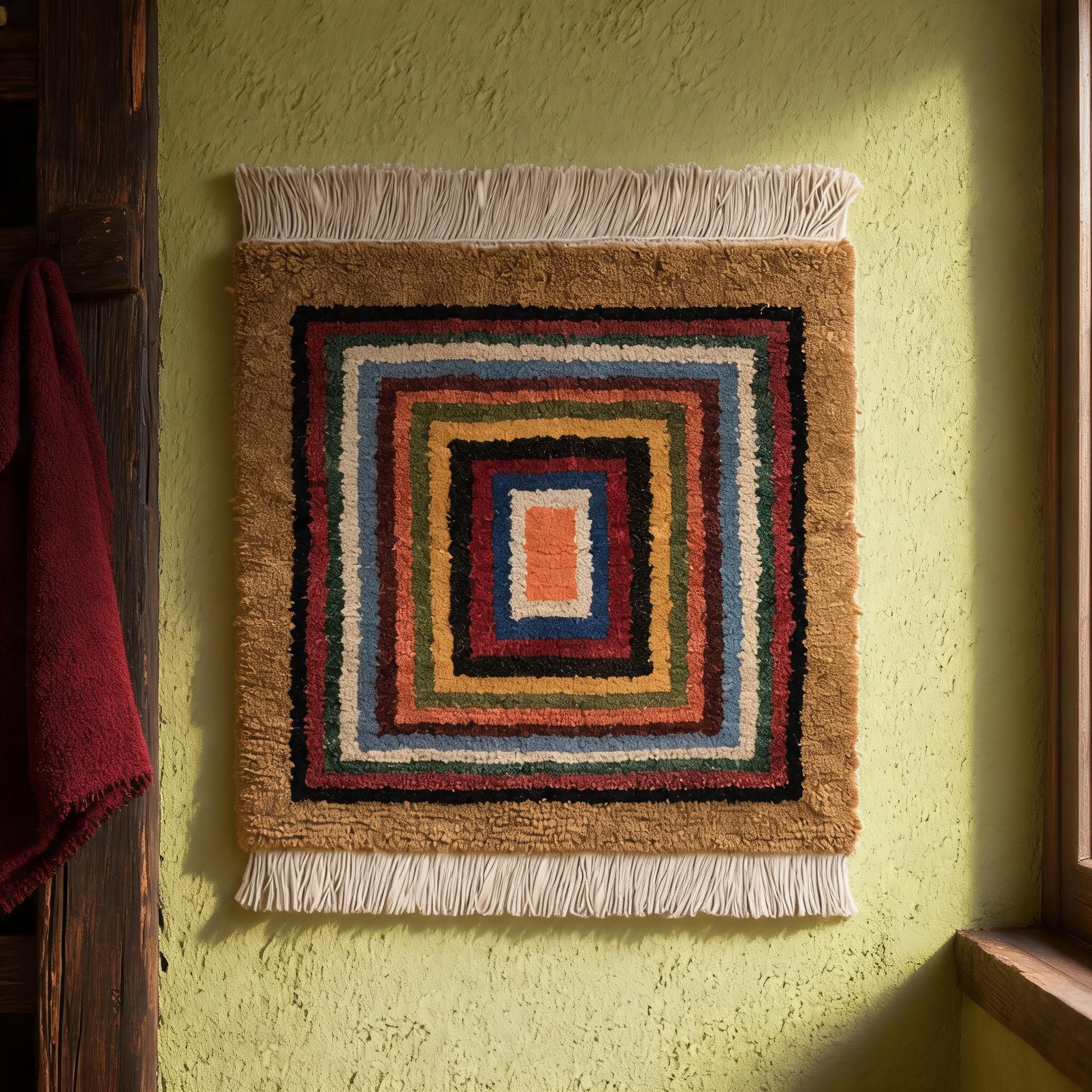 Handwoven Geometric Tibetan Wool Seat Rug craftsmanship detail