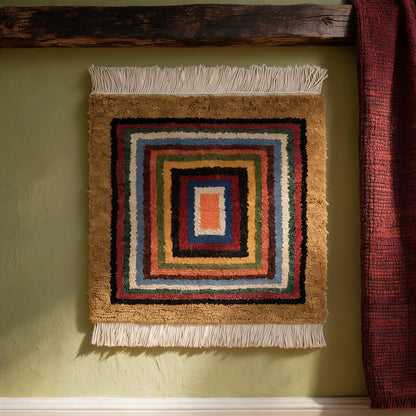 Handwoven Geometric Tibetan Wool Seat Rug proportional interior view