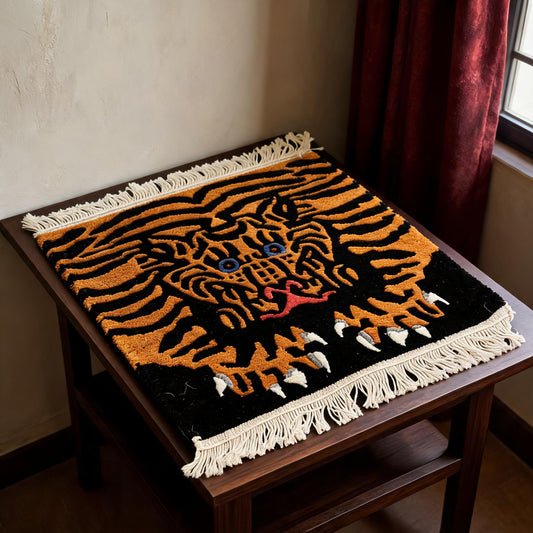 Handmade Black Tiger Tibetan Yak-Wool Rug three-quarter view