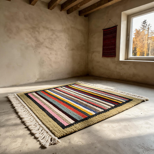 Handwoven Rainbow Stripe Himalayan Wool Rug front hero view