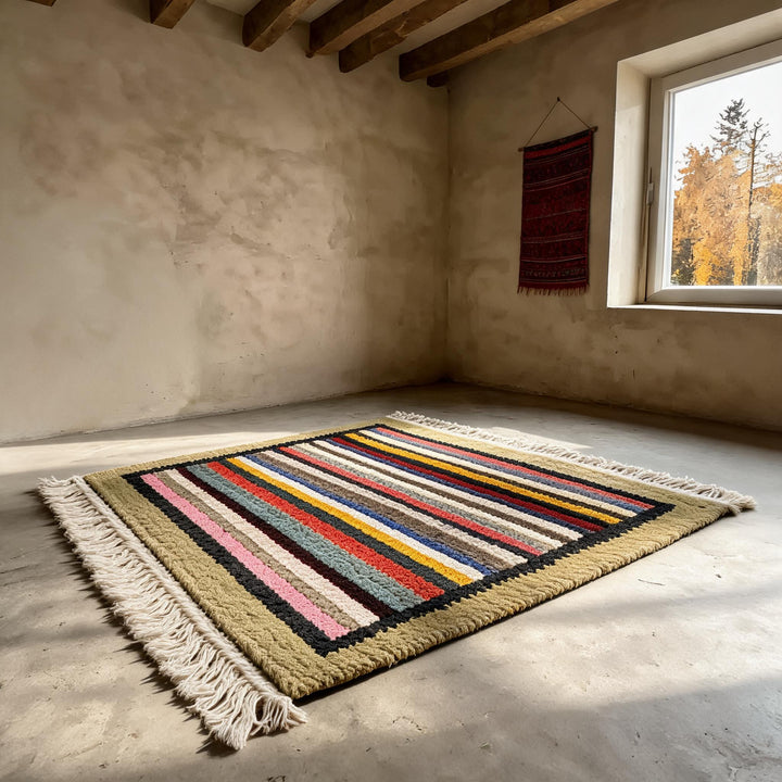 Handwoven Rainbow Stripe Himalayan Wool Rug
