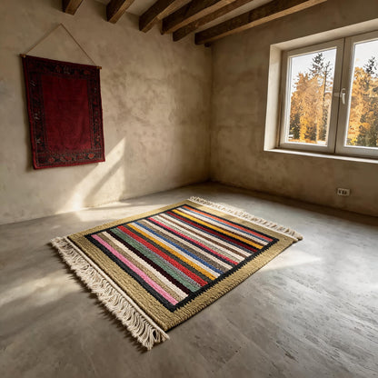 Handwoven Rainbow Stripe Himalayan Wool Rug craftsmanship detail