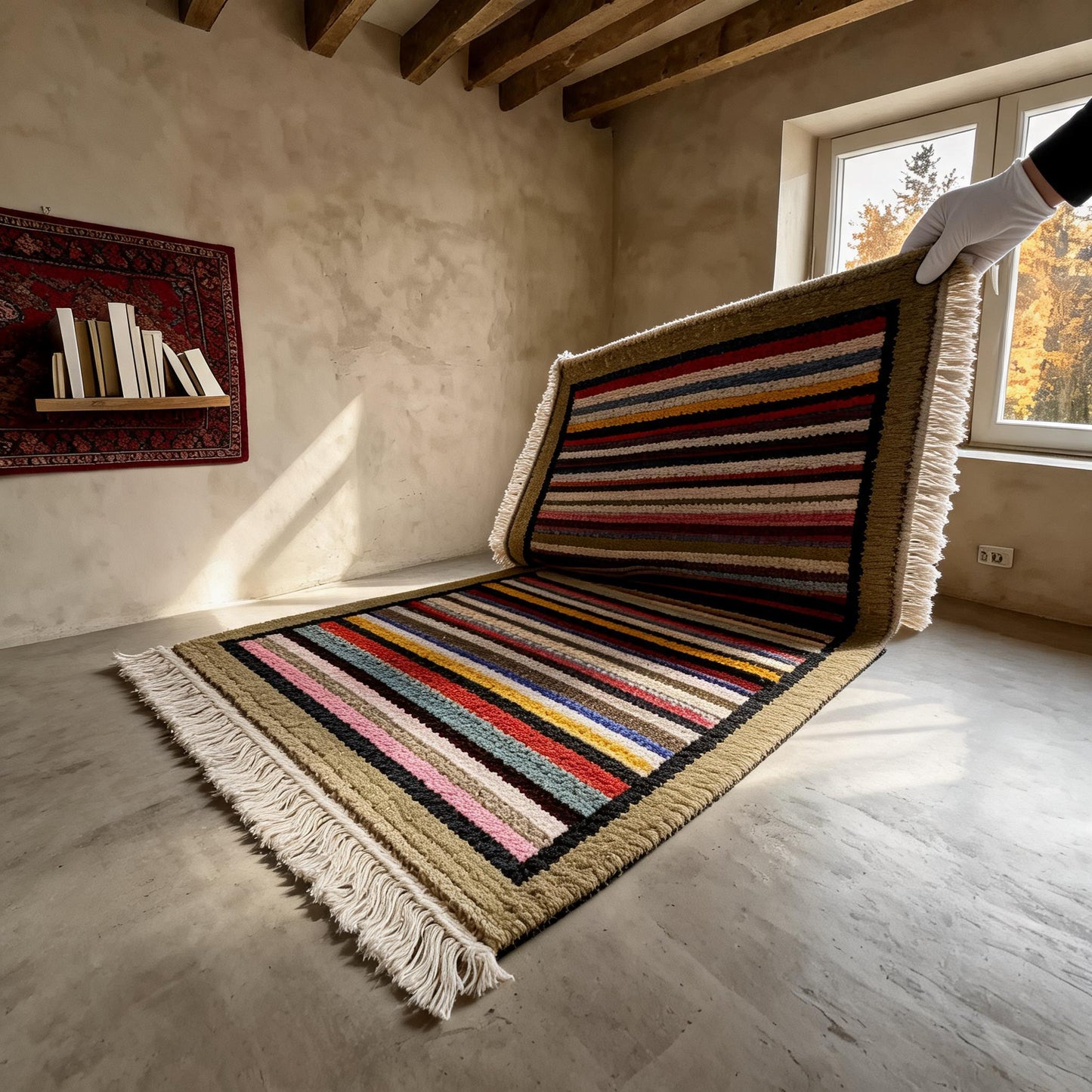 Handwoven Rainbow Stripe Himalayan Wool Rug white-glove inspection