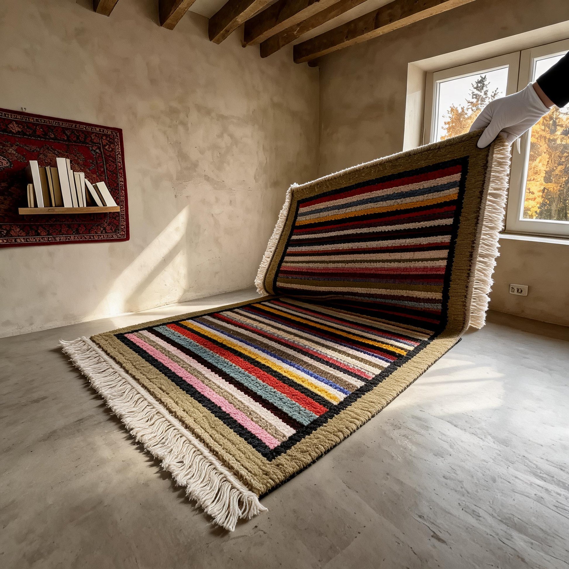 Handwoven Rainbow Stripe Himalayan Wool Rug white-glove inspection