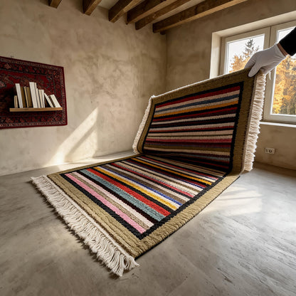 Handwoven Rainbow Stripe Himalayan Wool Rug white-glove inspection