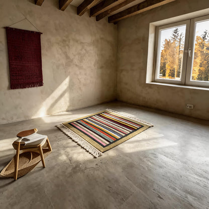 Handwoven Rainbow Stripe Himalayan Wool Rug proportional interior view