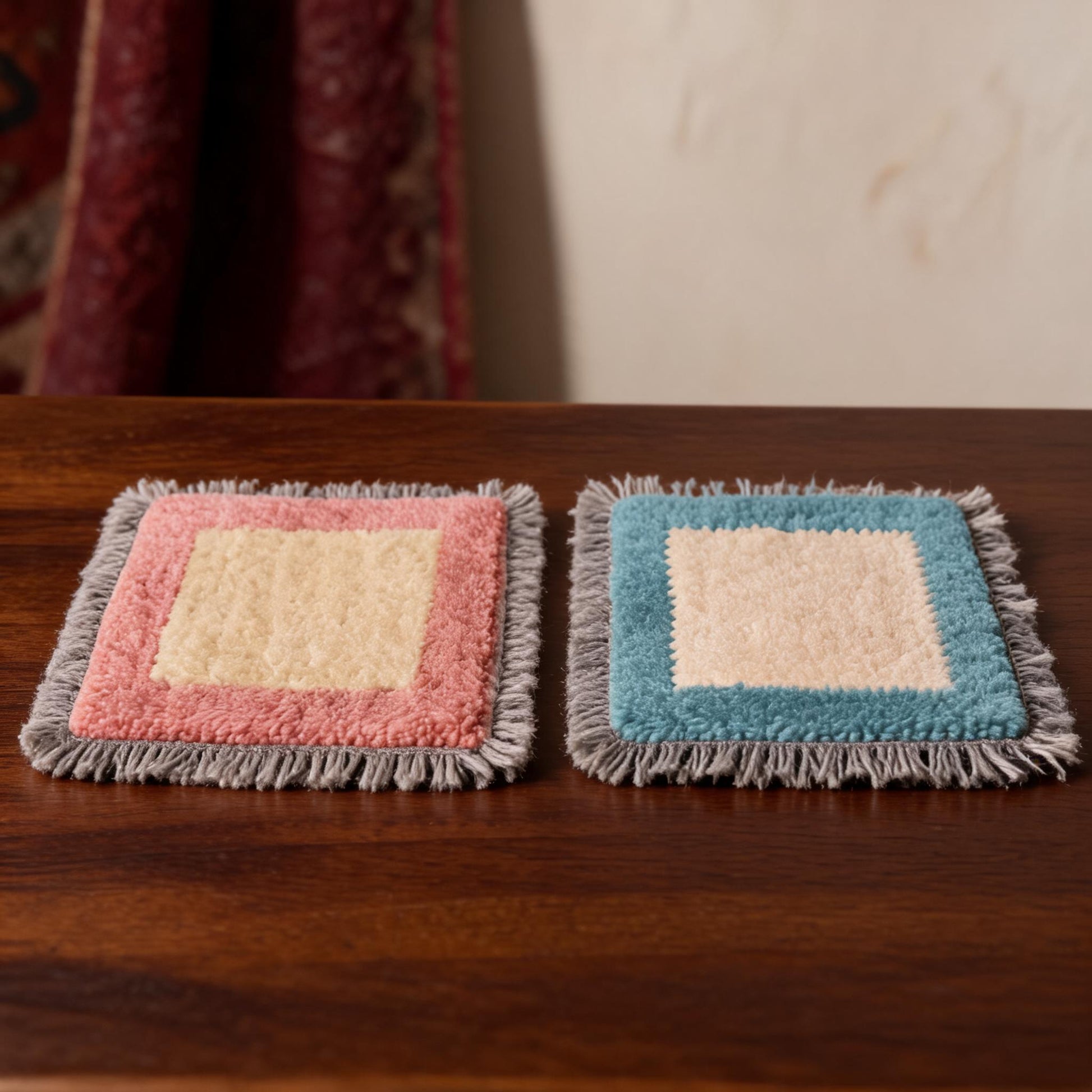 Handwoven Tibetan Wool Fringed Tea Mat Pair front hero view