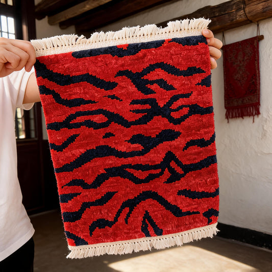 Crimson Tiger Stripe Mini Tibetan Rug three-quarter view