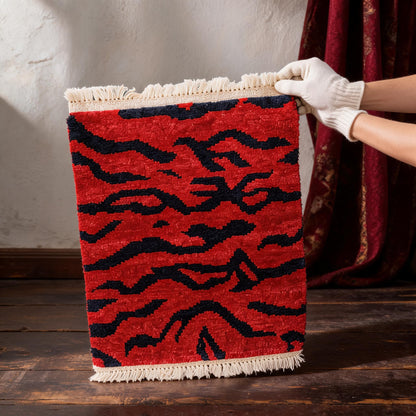 Crimson Tiger Stripe Mini Tibetan Rug white-glove inspection