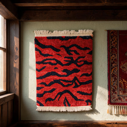 Crimson Tiger Stripe Mini Tibetan Rug proportional interior view