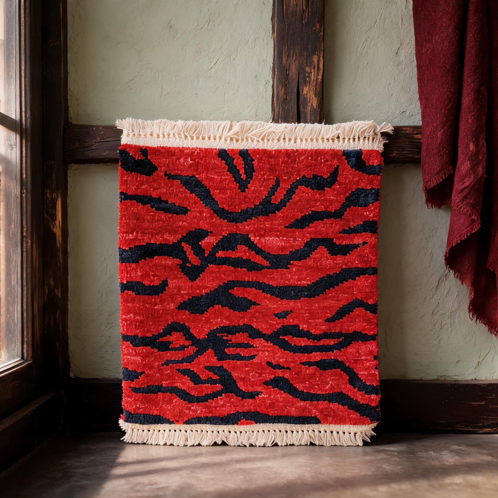 Crimson Blue Tiger Stripe Mini Tibetan Rug front hero view