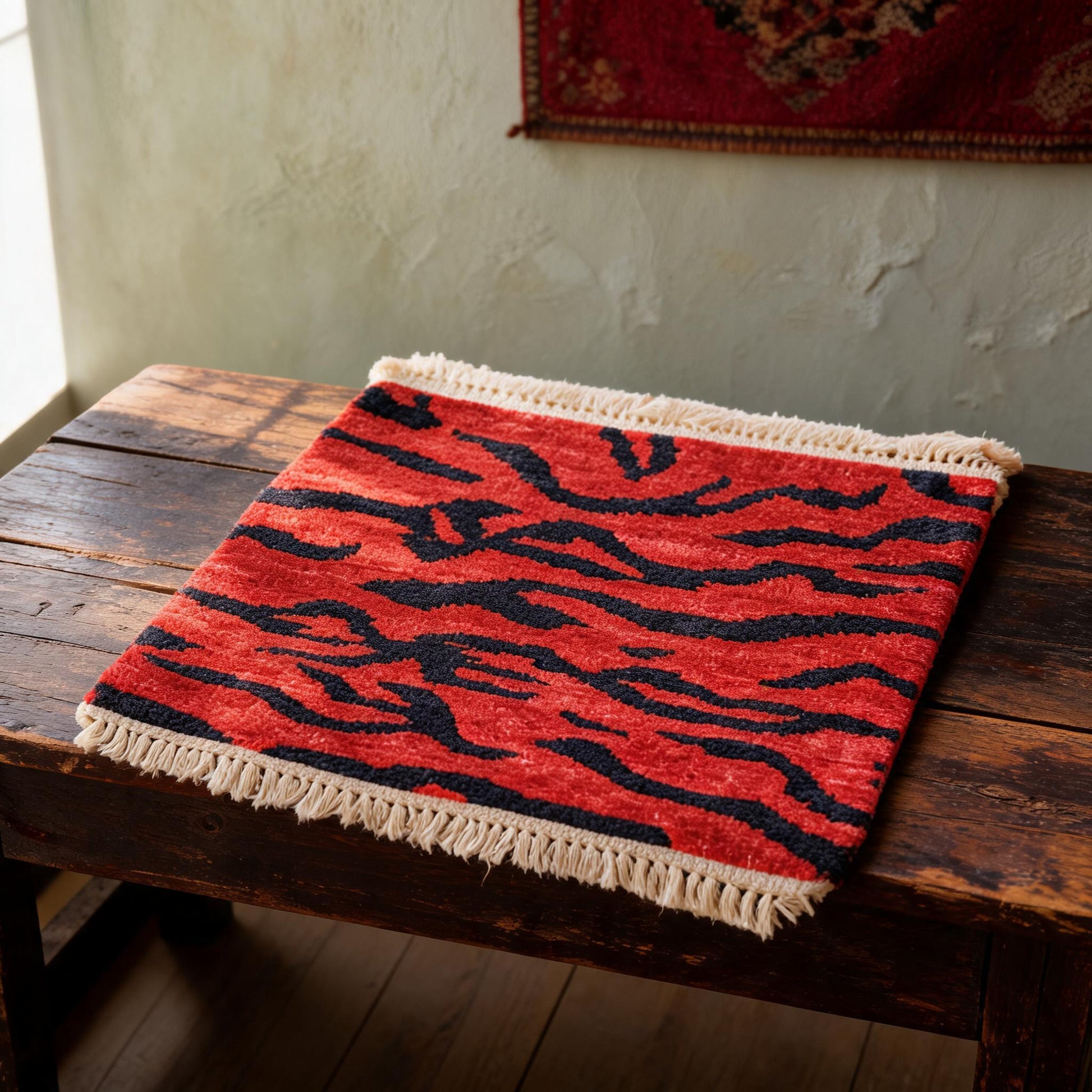 Crimson Blue Tiger Stripe Mini Tibetan Rug three-quarter view