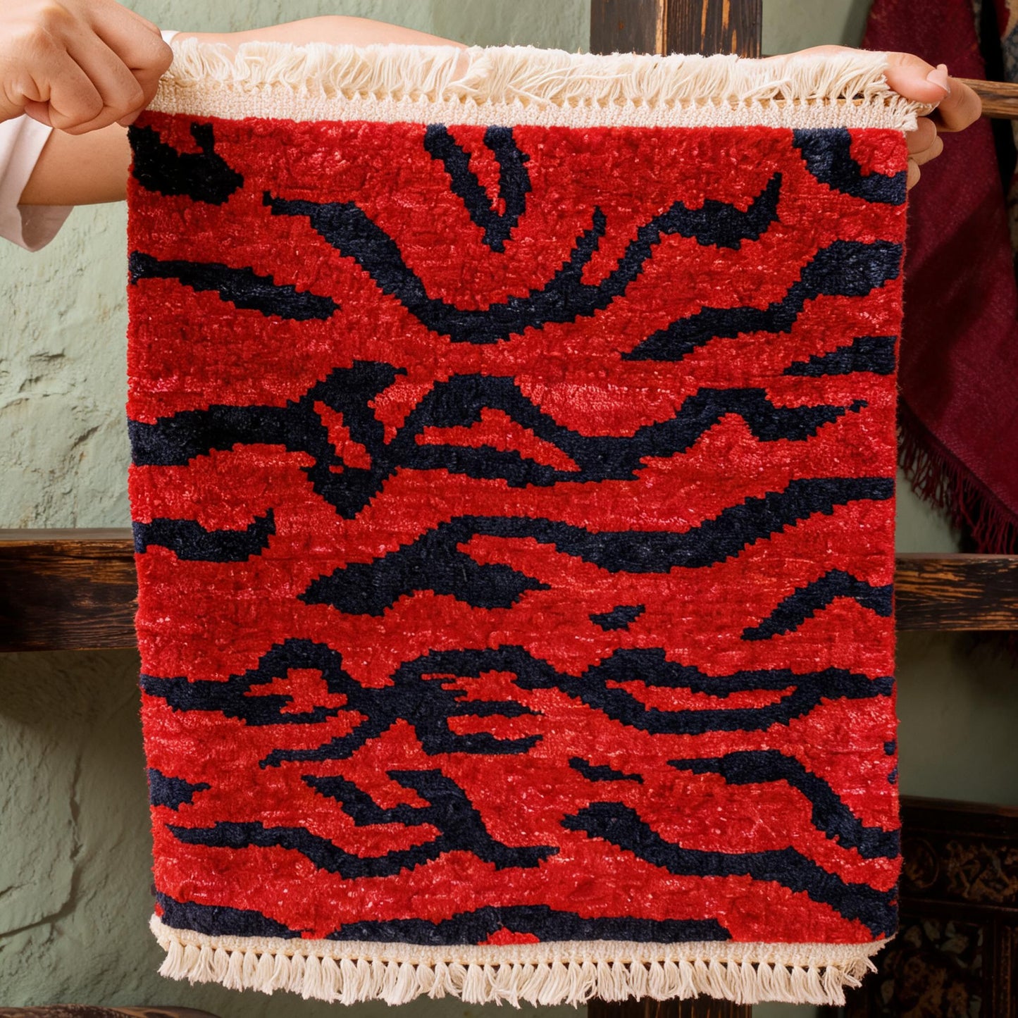 Crimson Blue Tiger Stripe Mini Tibetan Rug craftsmanship detail