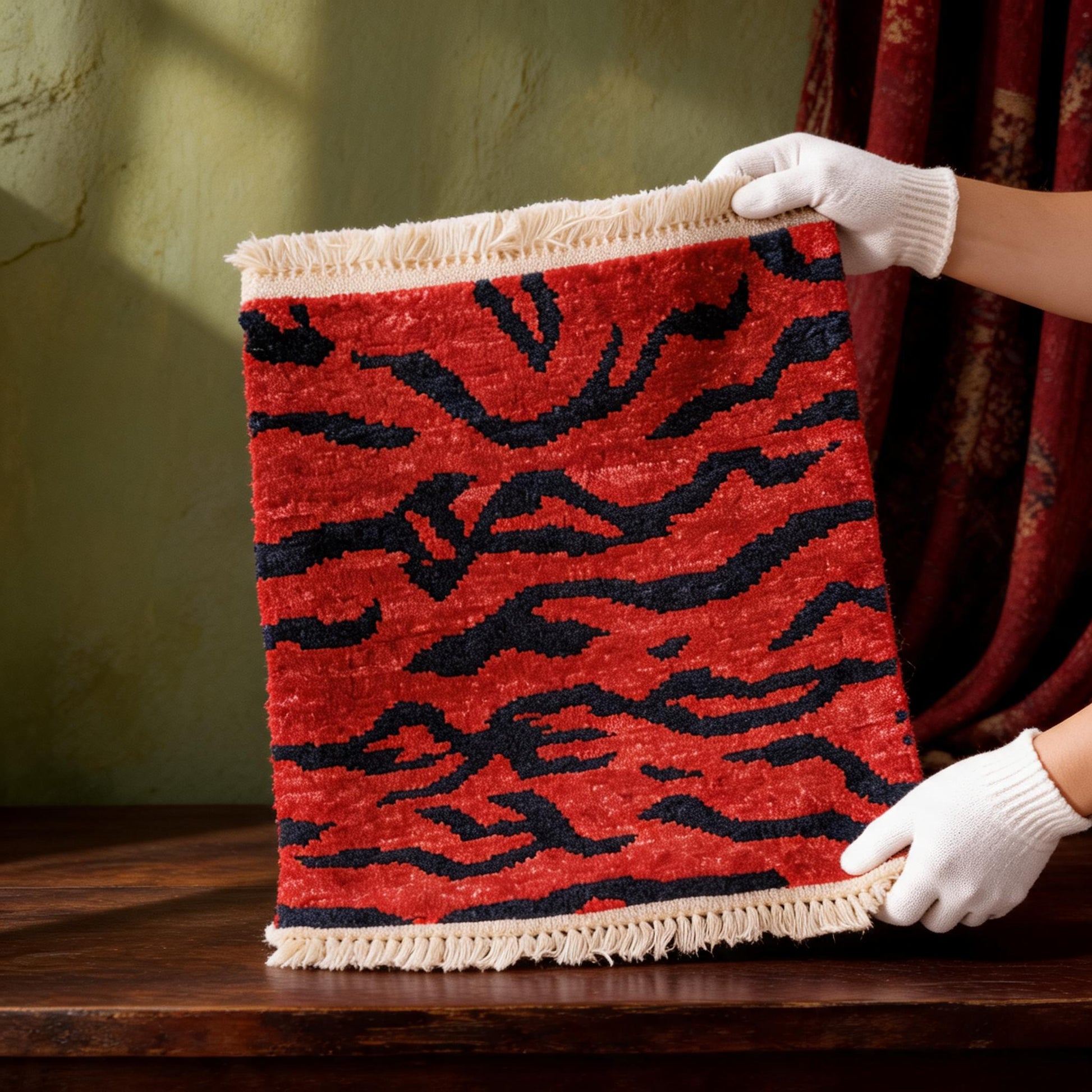 Crimson Blue Tiger Stripe Mini Tibetan Rug white-glove inspection