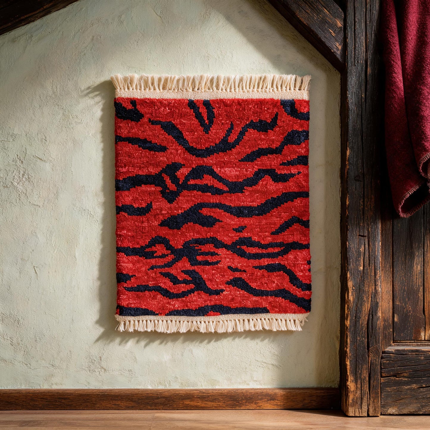 Crimson Blue Tiger Stripe Mini Tibetan Rug proportional interior view