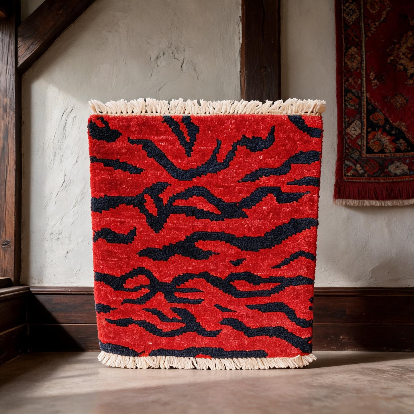 Vermilion Blue Tiger Stripe Mini Tibetan Rug front hero view