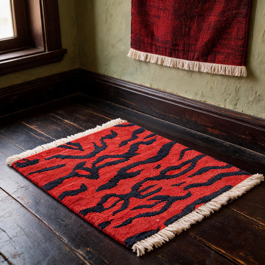 Vermilion Blue Tiger Stripe Mini Tibetan Rug three-quarter view