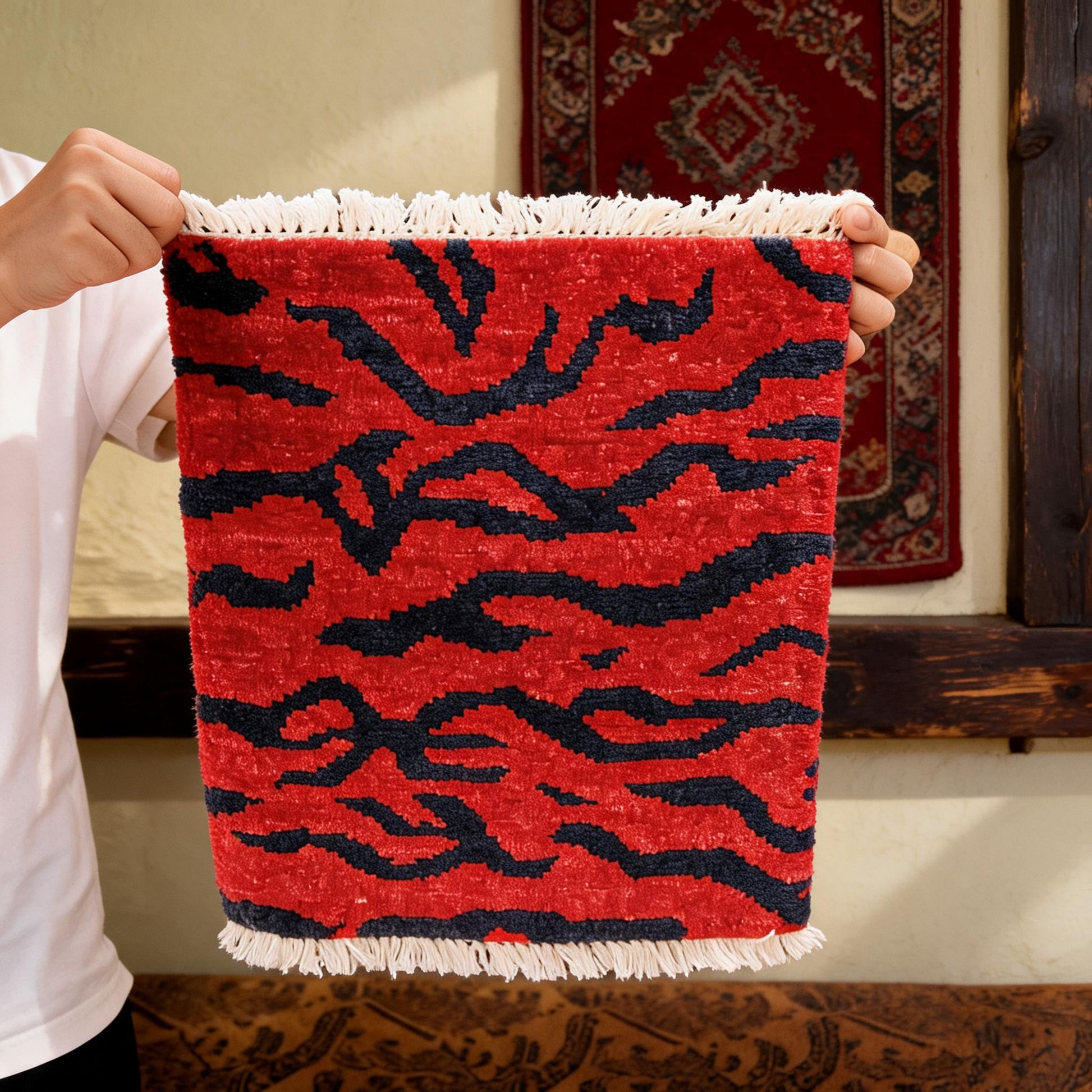 Vermilion Blue Tiger Stripe Mini Tibetan Rug craftsmanship detail