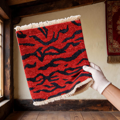 Vermilion Blue Tiger Stripe Mini Tibetan Rug white-glove inspection