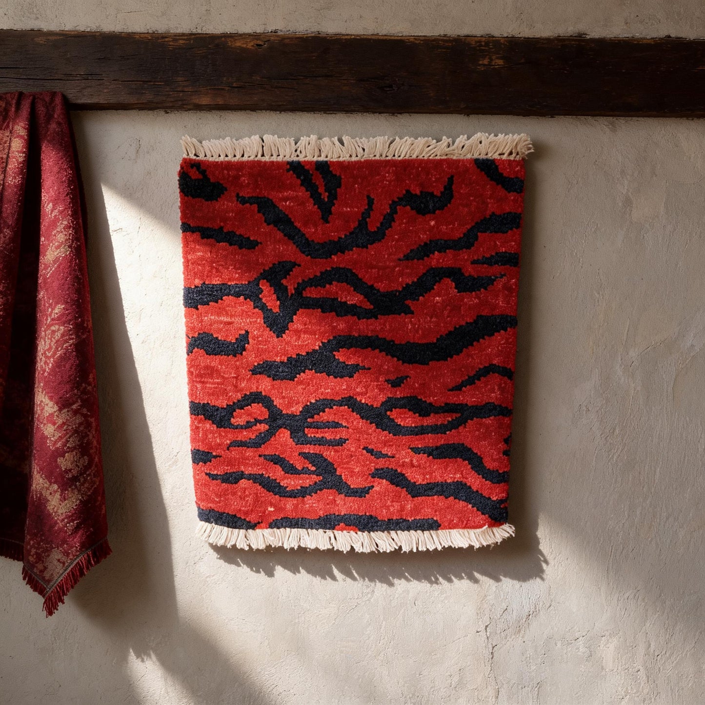 Vermilion Blue Tiger Stripe Mini Tibetan Rug proportional interior view