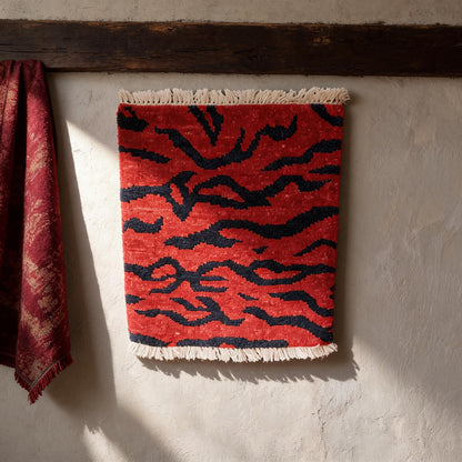 Vermilion Blue Tiger Stripe Mini Tibetan Rug proportional interior view