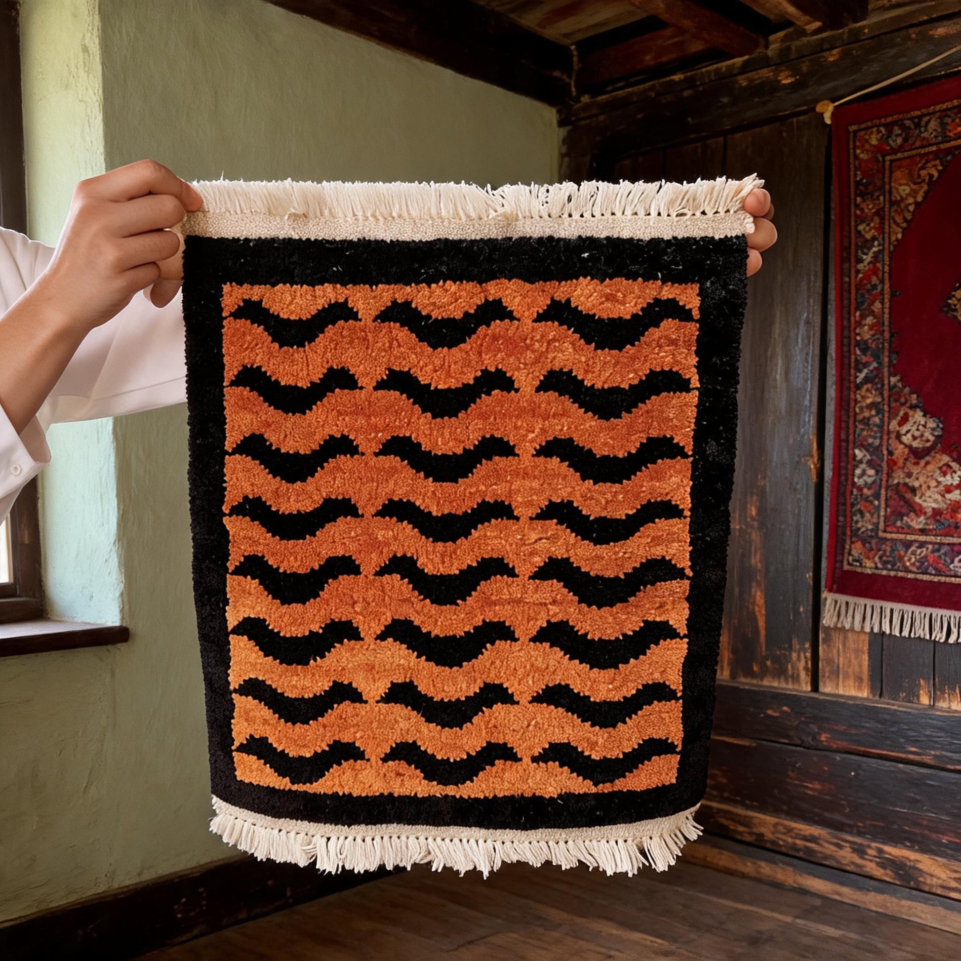 Orange Black Wave Mini Tibetan Rug front hero view