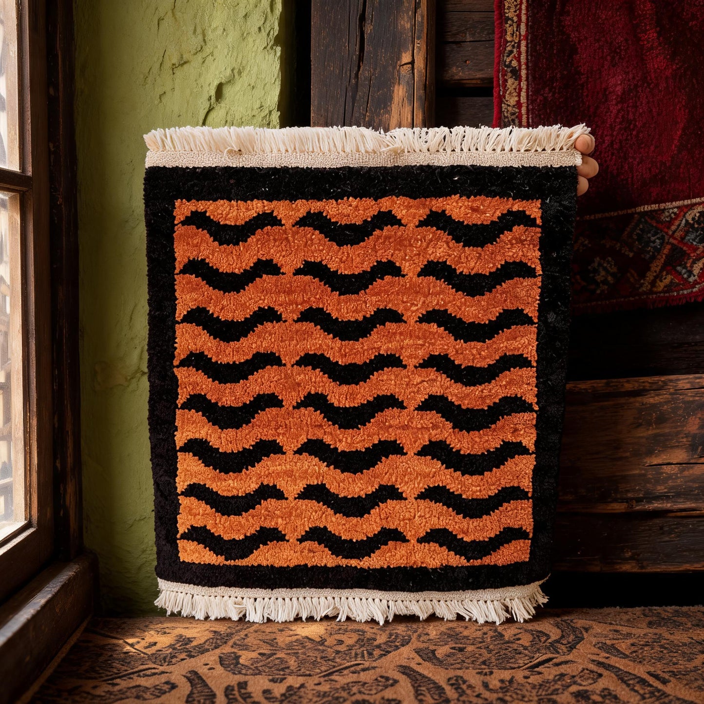 Orange Black Wave Mini Tibetan Rug craftsmanship detail