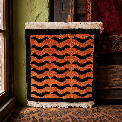 Orange Black Wave Mini Tibetan Rug craftsmanship detail