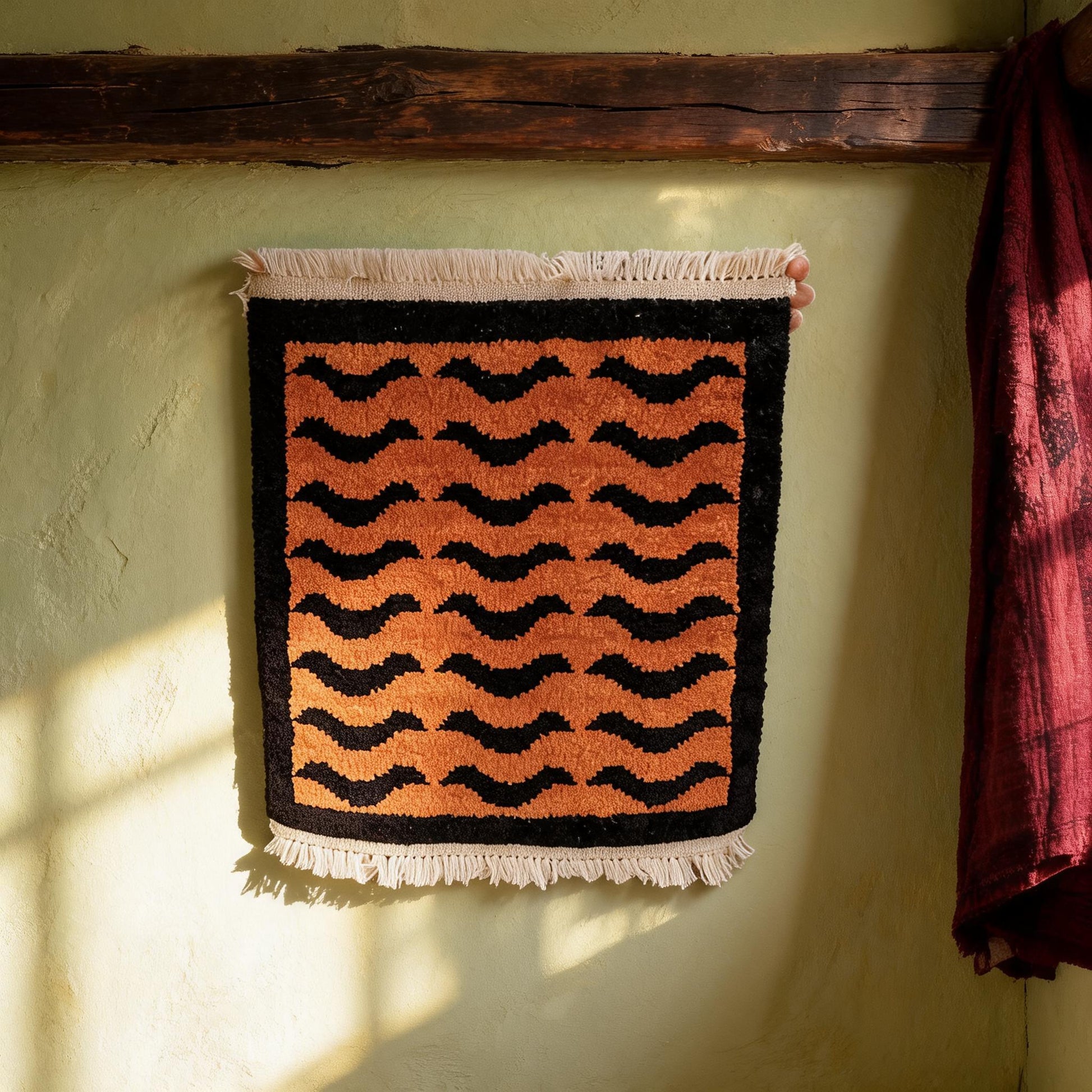 Orange Black Wave Mini Tibetan Rug proportional interior view