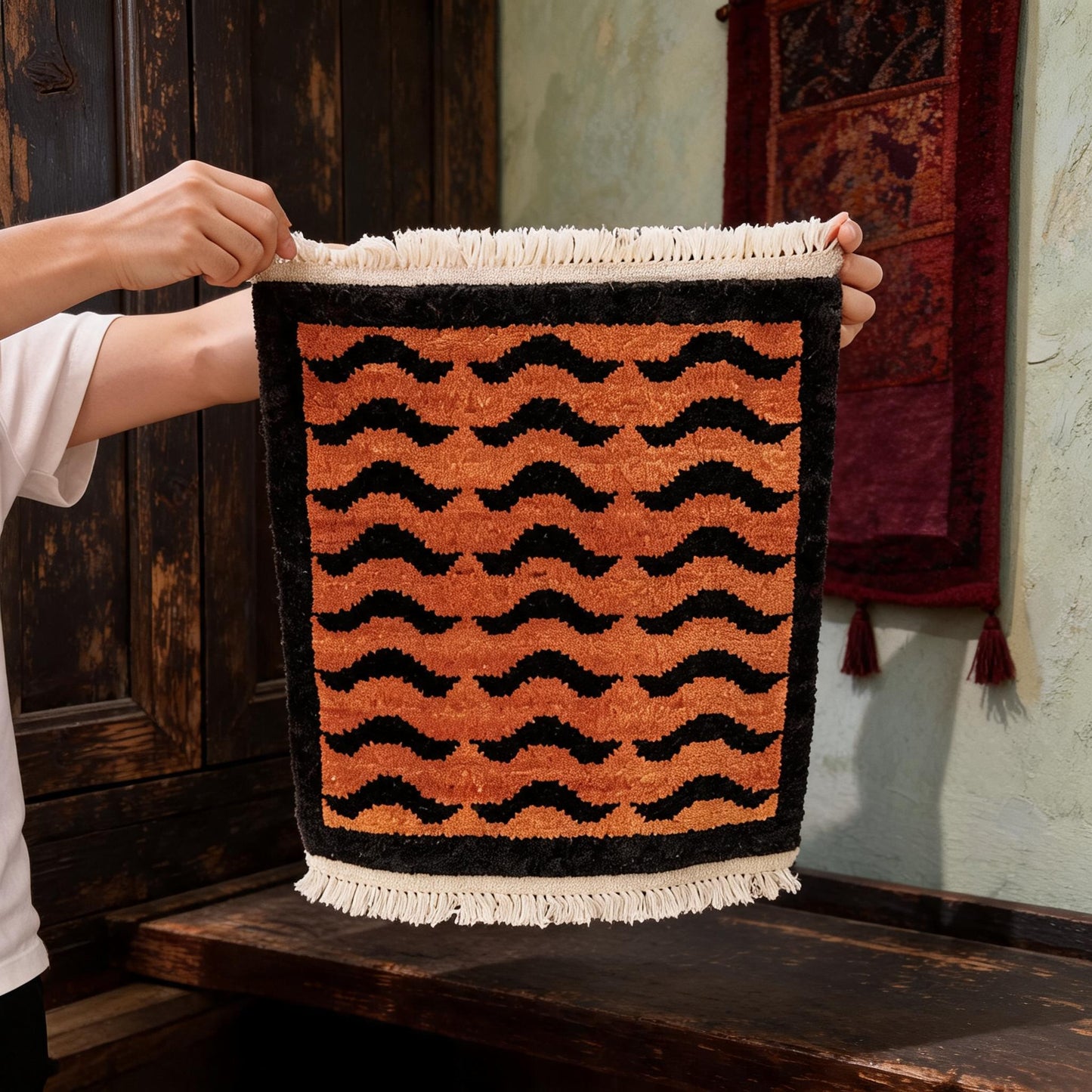Orange Black Wave Border Mini Tibetan Rug front hero view