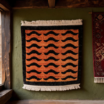 Orange Black Wave Border Mini Tibetan Rug craftsmanship detail