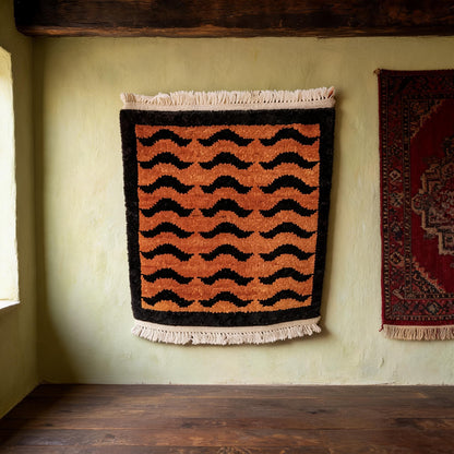 Orange Black Wave Border Mini Tibetan Rug proportional interior view
