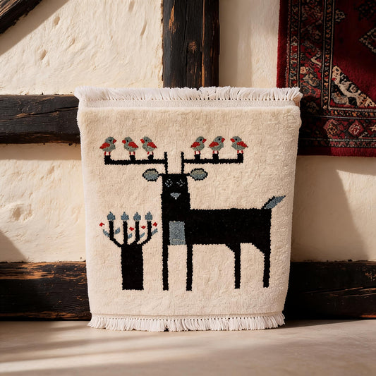 White Black Deer Motif Mini Tibetan Rug front hero view