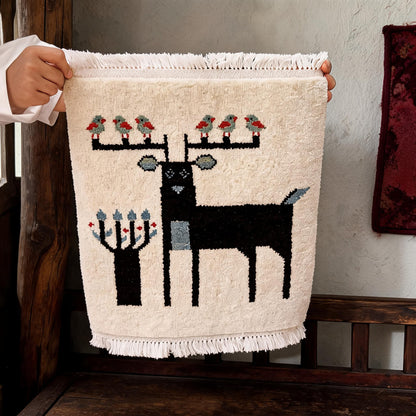 White Black Deer Motif Mini Tibetan Rug craftsmanship detail