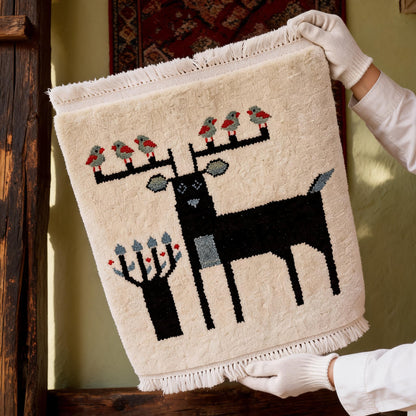 White Black Deer Motif Mini Tibetan Rug white-glove inspection
