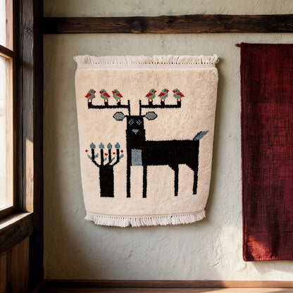 White Black Deer Motif Mini Tibetan Rug proportional interior view