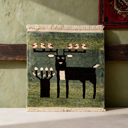 Sage Green Deer Motif Mini Tibetan Rug front hero view