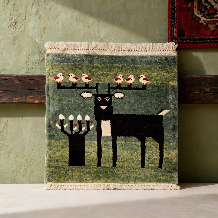 Sage Green Deer Motif Mini Tibetan Rug