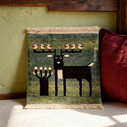 Sage Green Deer Motif Mini Tibetan Rug craftsmanship detail