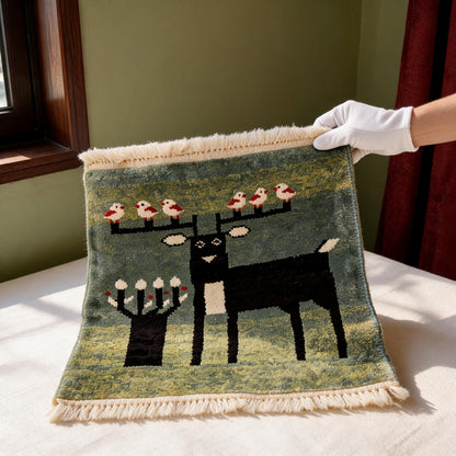 Sage Green Deer Motif Mini Tibetan Rug white-glove inspection
