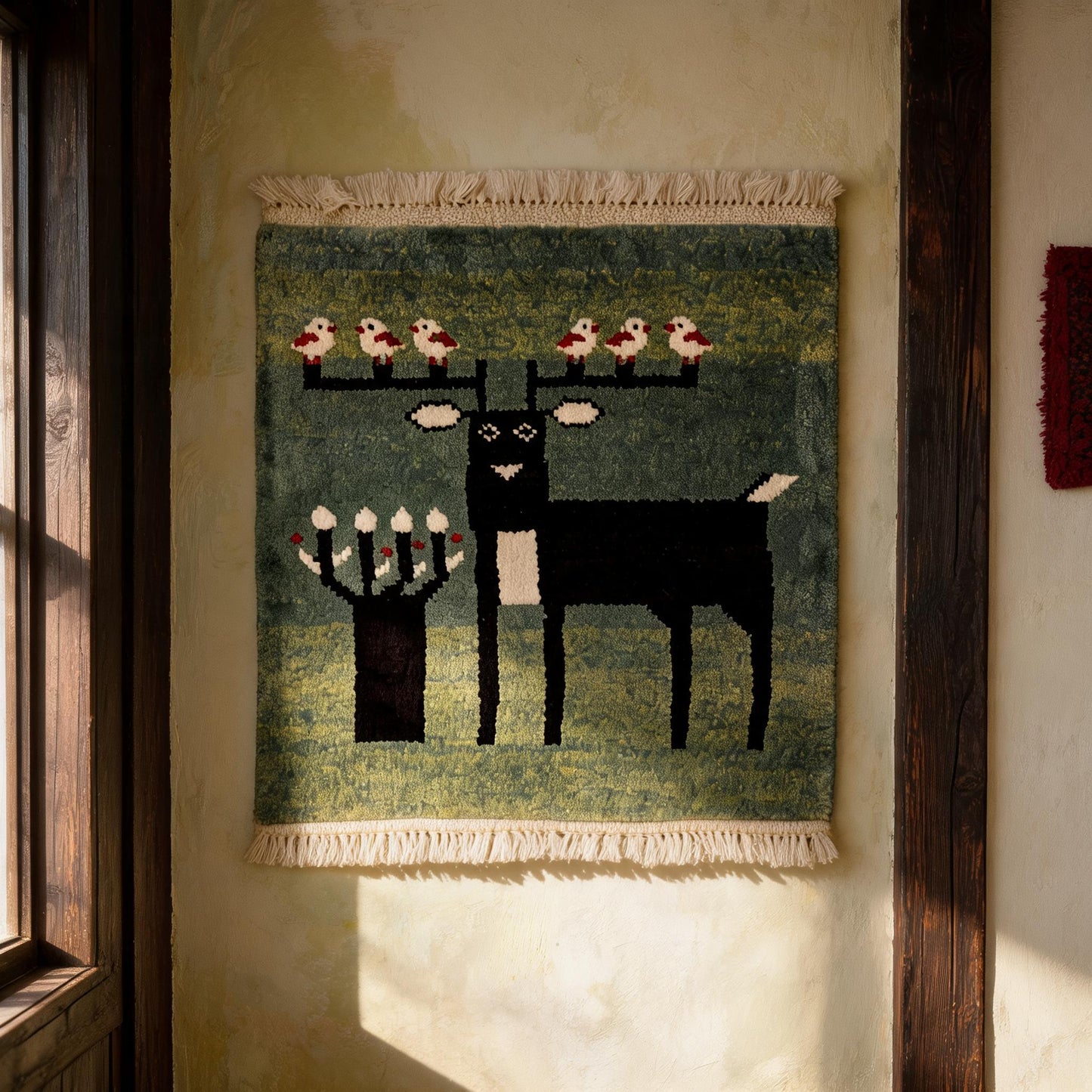 Sage Green Deer Motif Mini Tibetan Rug proportional interior view